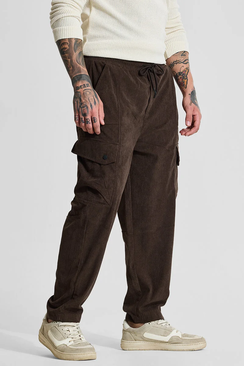 Snitch Brown Brown Relaxed Fit Corduroy Cargo Pants for Men | Best Price UAE